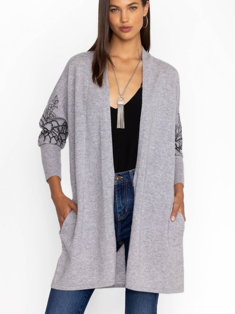 Johnny Was Elodie Relaxed Cardigan Grey Gray Large Wool Cashmere Embroidered